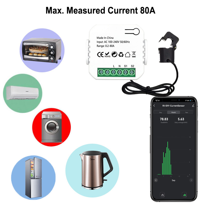 Tuya Smart Life WiFi Energy Meter 80A with Clamp CT App KWh Power Consumption Monitor Electricity St