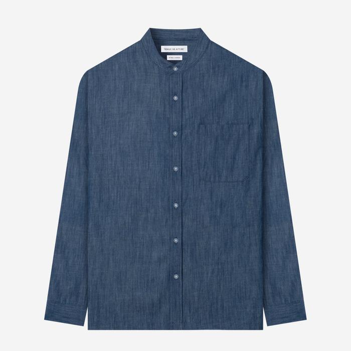 TENUE Koko Pria Baju Koko Pria Lengan Panjang Bahan Chambray Denim Warna Biru Indigo - Ukuran XL Pri