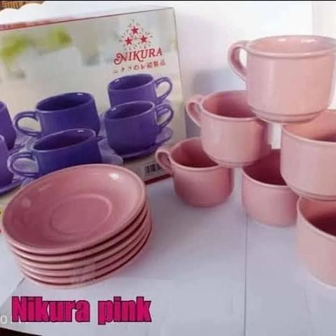 magg- Cangkir Keramik Set Nikura 12 Pcs / Gelas Kopi Teh Kaca + Piring Tatak