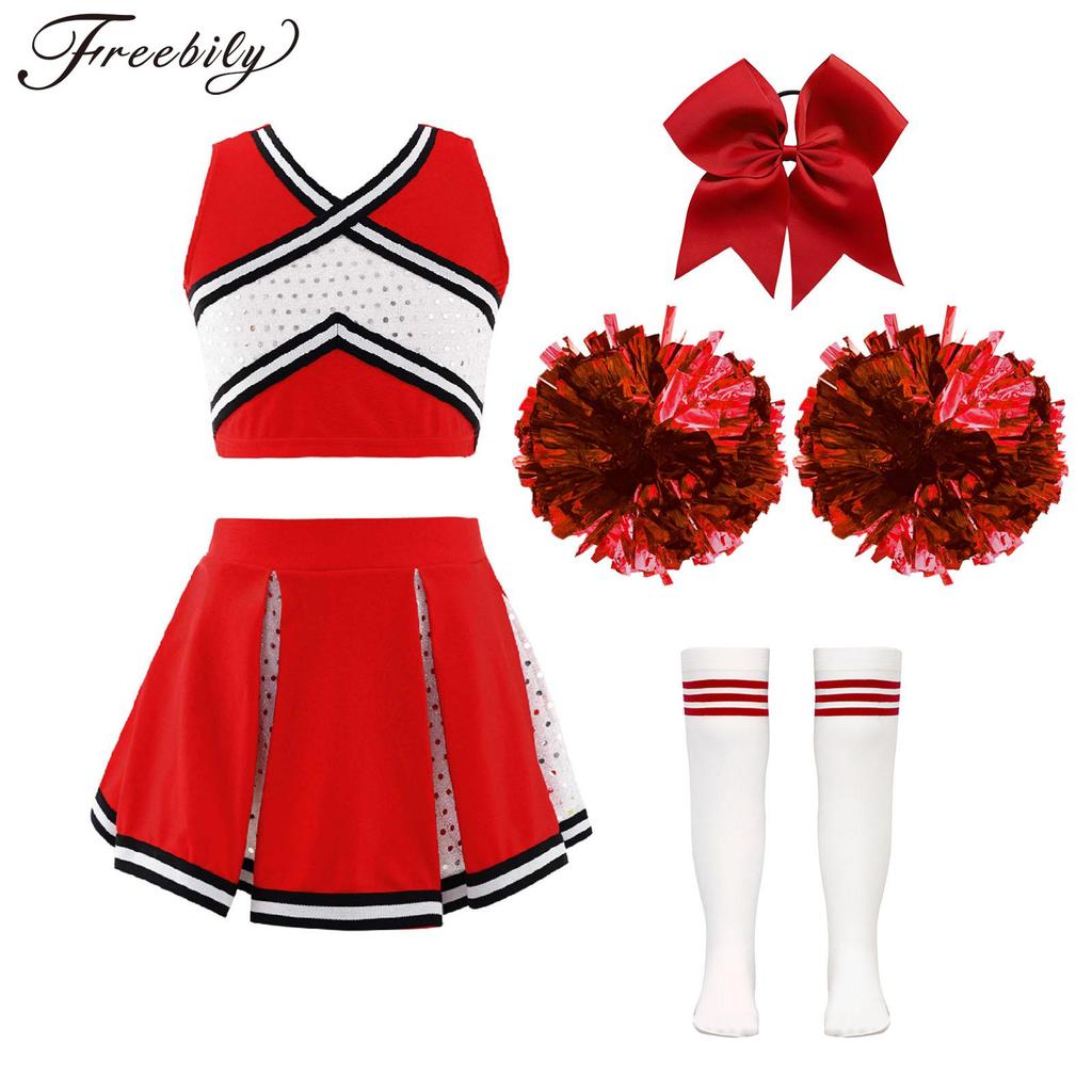 Girl Cosplay Cheerleader Costume Cheerleading Uniform Outfit Sequins Crop Top Skirt With Socks