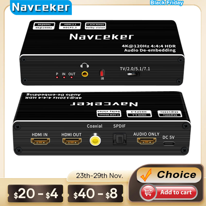 Navceker 8K 60Hz HDMI Audio Extractor 4K 120Hz RGB 4:4:4 HDMI 2.1