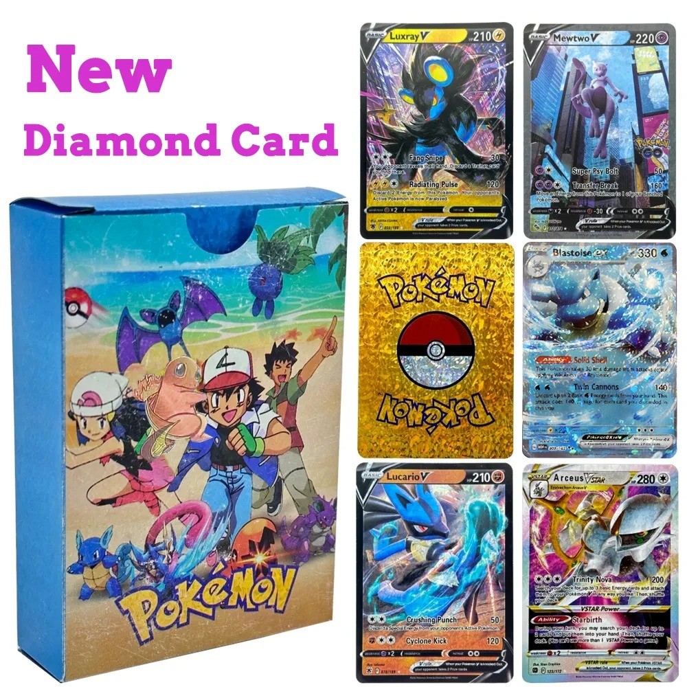 JUAL  27-55pcs Pokemon Cards English French German Spanish Diamond Shiny Colorful VMAX VSTAR GX Coll