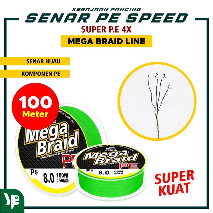 KP - Senar Pancing PE Mega Braid X4 Panjang 100M Warna Hijau Ikan Joran Umpan Laut