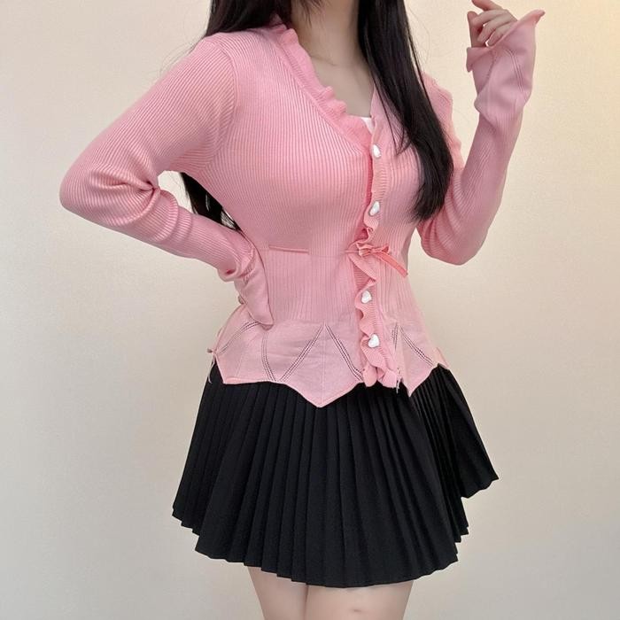 Modamyth Ls18 - Atasan Casual Lengan Panjang Wanita - Love Button Knit Shirt Bahan Rajut Lembut Auto