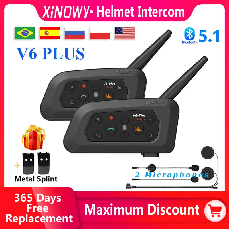Xinowy V6 Plus Motorcycle Helmet Bluetooth Headset Waterproof 6 Riders 1200M Intercom Communicator
