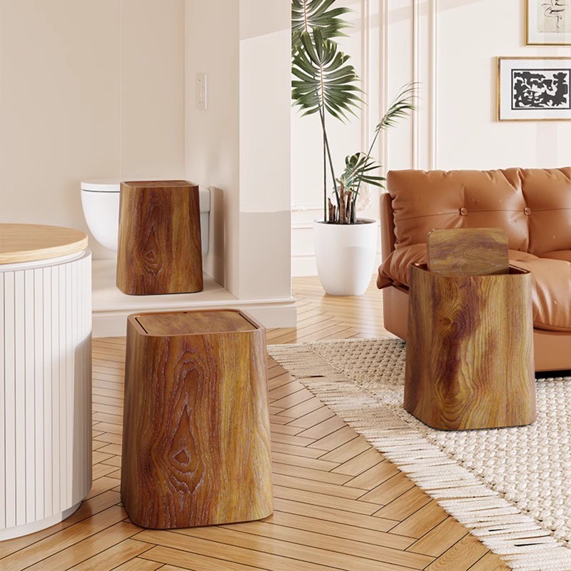 Retro Square Wood Pattern Wastebasket Waterproof Trash Can Bathroom Recycle Bin Large Capacity