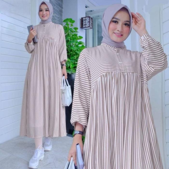 JTTOP" MIDI DRESS TUNIK WANITA MOTIF SALUR STRIPE GARIS GARIS POLY RAYON BY AZKA COLLECTION