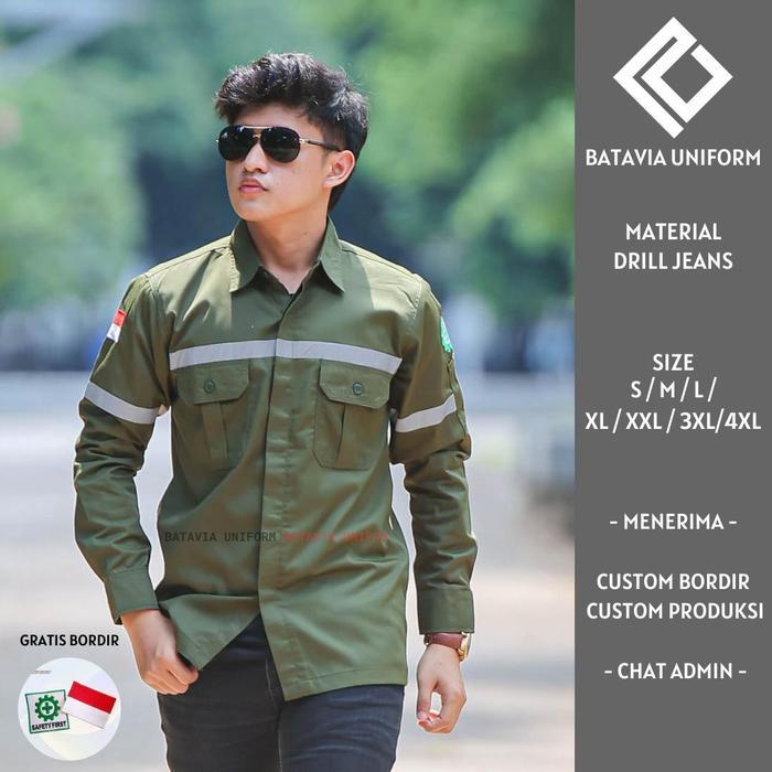 Safety Batavia Uniform Kemeja Safety K3 Lengan Panjang Pria Wanita Bahan American Drill Warna Army B