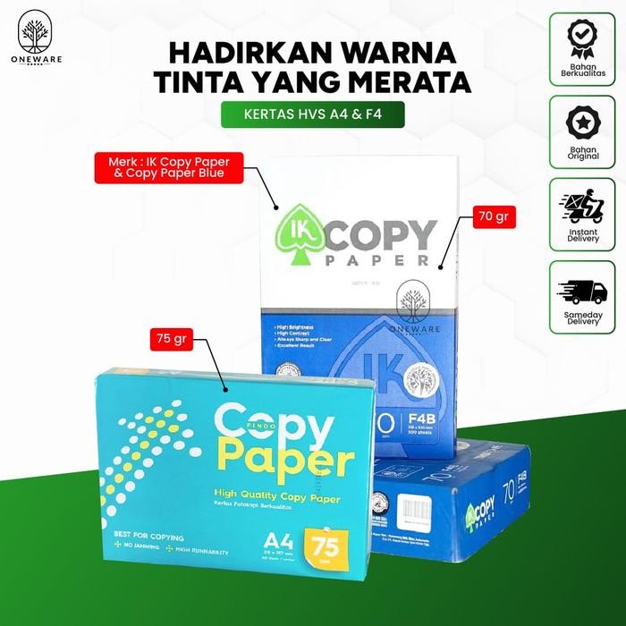 

Kertas HVS A4 dan F4 Ik Copy Papper, Mirage Fotocopy Per 1 Dus