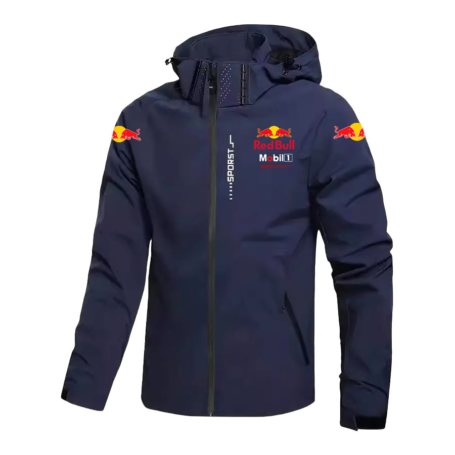 New Windbreaker Jacket Men's Waterproof Hoodie Large-Sized Loose RedBull Logo Motorcycle Jacket