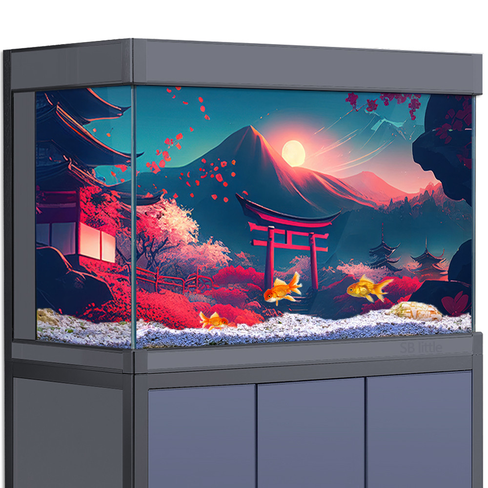 Aquarium Background Sticker Decoration for Fish Tanks, Japanese Castle Cherry Blossom Torii Mountain