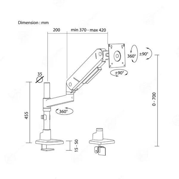 READYY Oximus PA-115 / PA115 Monitor Bracket 22" - 45" Single ARM Gas Spring Desk Mount VESA