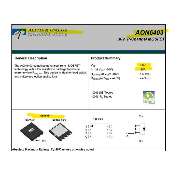 AON6403 30V 85A P-Channel MOSFET DFN5x6-8L 6403 Alpha & Omega Semicond