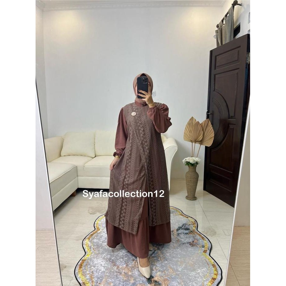 k468 Syafacollection Alfina Dress Gamis Dengan Model Polos Dan Kombinasi Brukat Malika