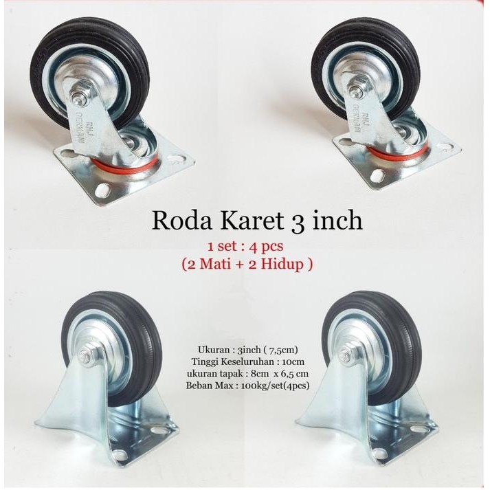 Kaki Roda Etalase / Gerobak Dorong Karet set (1set 4 roda)