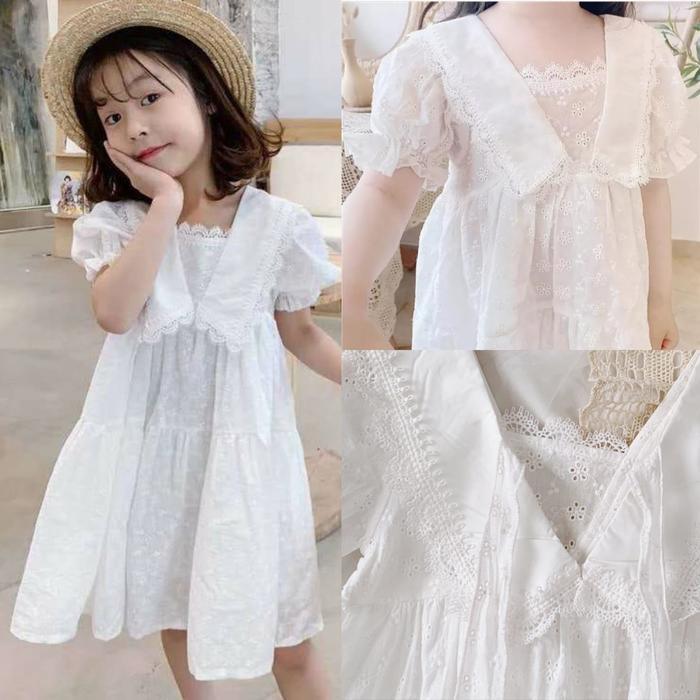 [1-7Th] Dress Putih Renda Anak Import Katun Gaun Pantai Lace Brukat Casual Santai