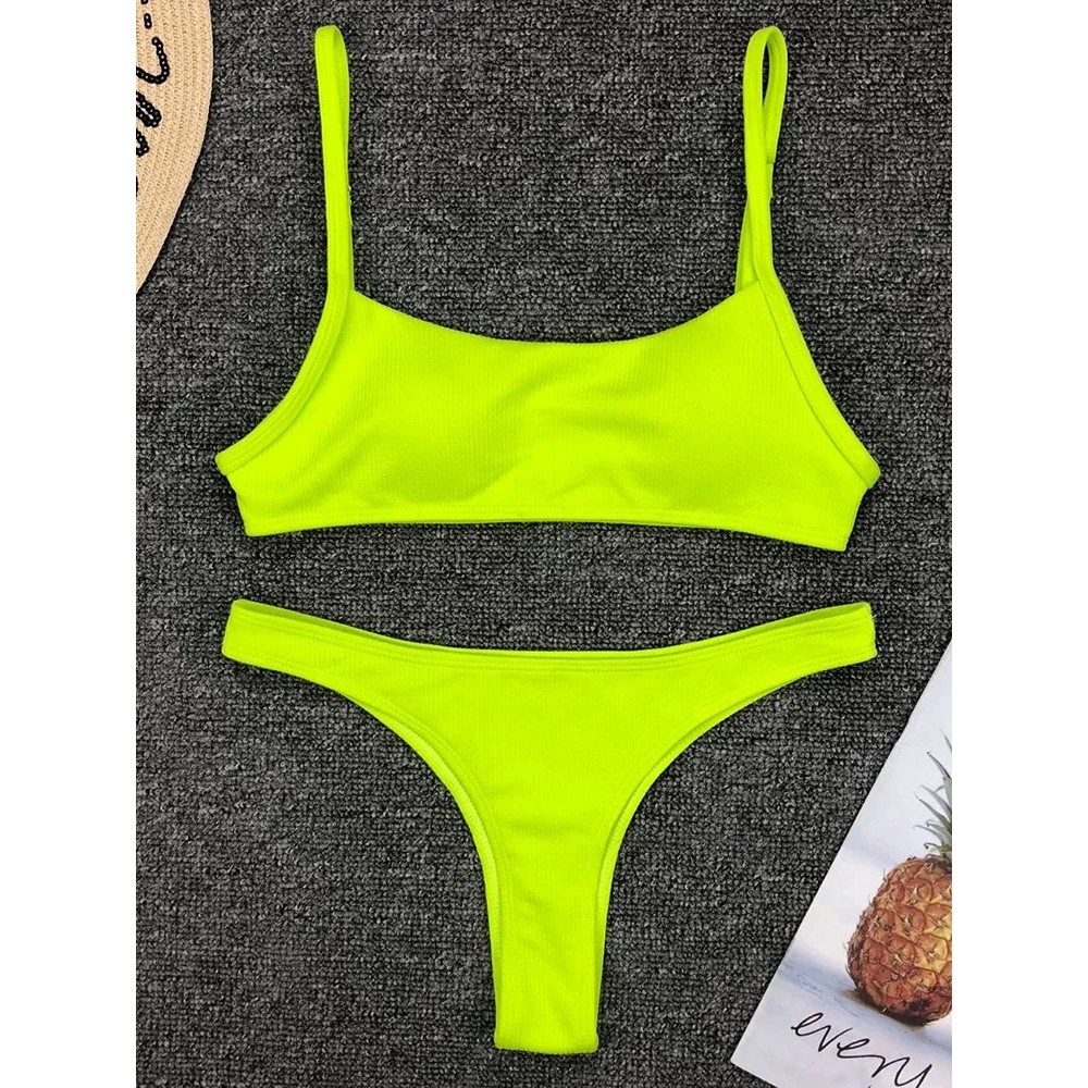 Sexy Neon Yellow Ribbed Brazilian Bikini Women Swimwear Female Swimsuit Two-pieces Bikini Set High