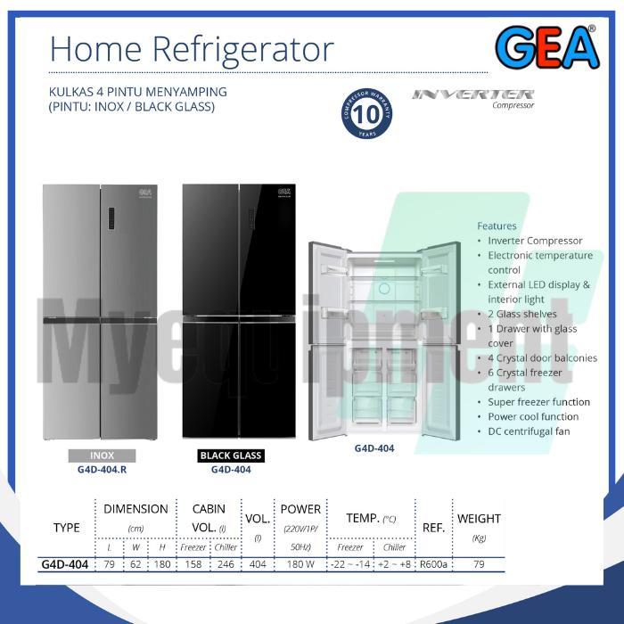 KULKAS 4 PINTU MENYAMPING  GEA G4D-404 INOX G4D-404 BLACK GLASS