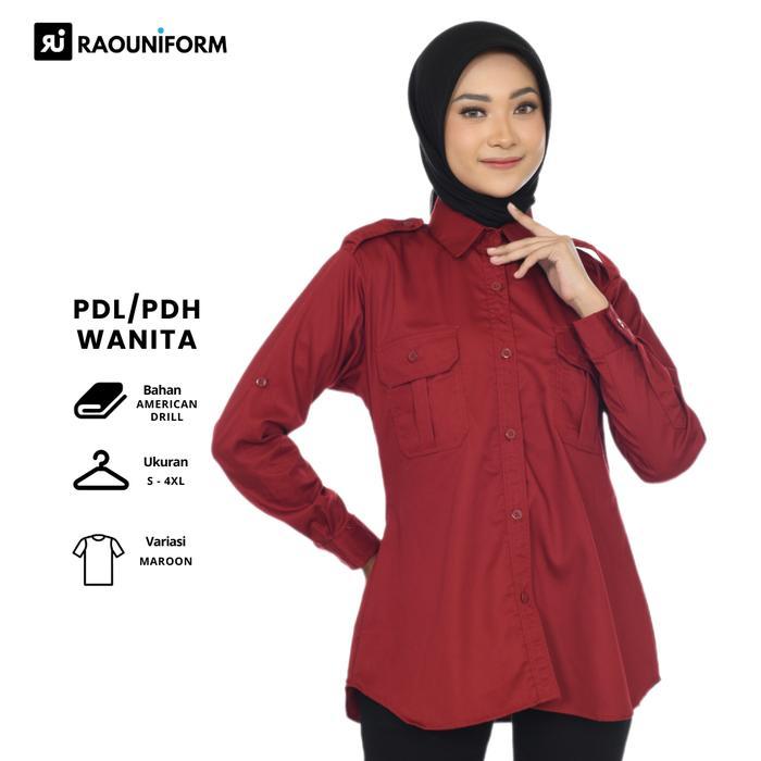 RAOUNIFORM Kemeja Putih Lengan Panjang Wanita Baju Seragam Kerja Formal American Drill Maroon