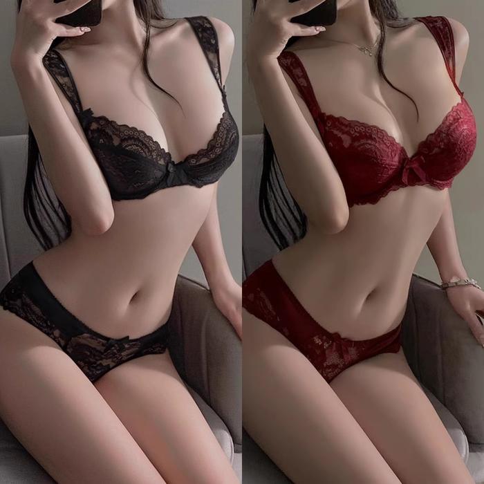 baju tidur wanita transparan Set baju tidur dua potong Pakaian dalam seksi lace bow daster kekinian