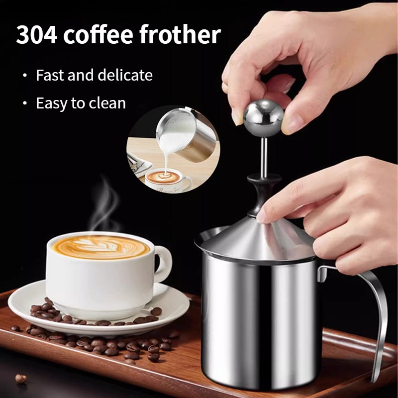 400ML 304 stainless steel manual milk frother, double-layer mesh, professional coffee latte maker,