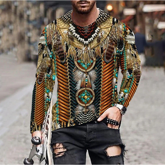 Kaus Lengan Panjang Pria Budaya India Kaus Pria Harajuku Mode Cetak 3D Kaus Longgar Jalanan Atasan P