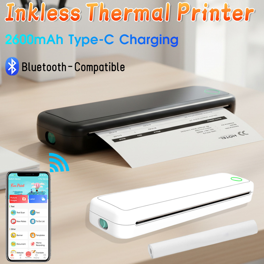 A4 Portable Thermal Printer Inkless Bluetooth-Compatible Thermal A4 Mobile Printer with Printing