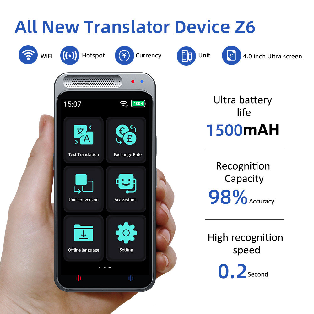 Z6 Voice Translator Device 138 National Languages Intelligent Translator Real-time Recording Text Tr