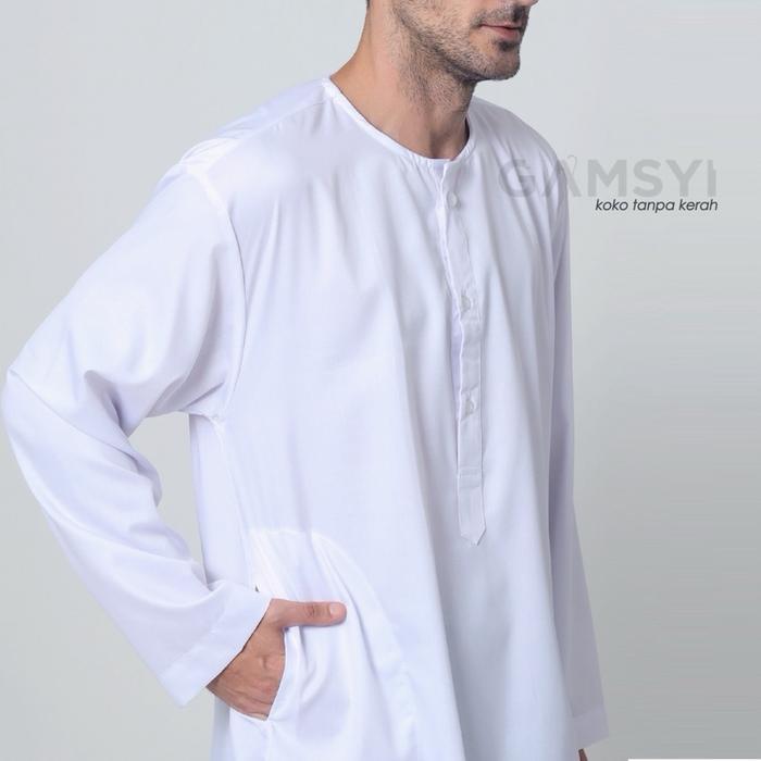 yvd1- Baju Koko Putih Tanpa Kerah Polos Lengan Panjang Katun Premium Adem Nyaman Saat