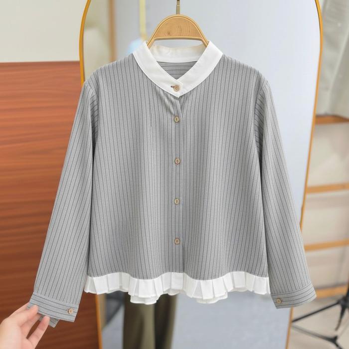 BLOUSE KEMEJA SALUR WANITA REMPEL KOREAN STYLE TERBARU / KEKEJA CROP REMPEL SALUR KOMBINASI WARNA LE
