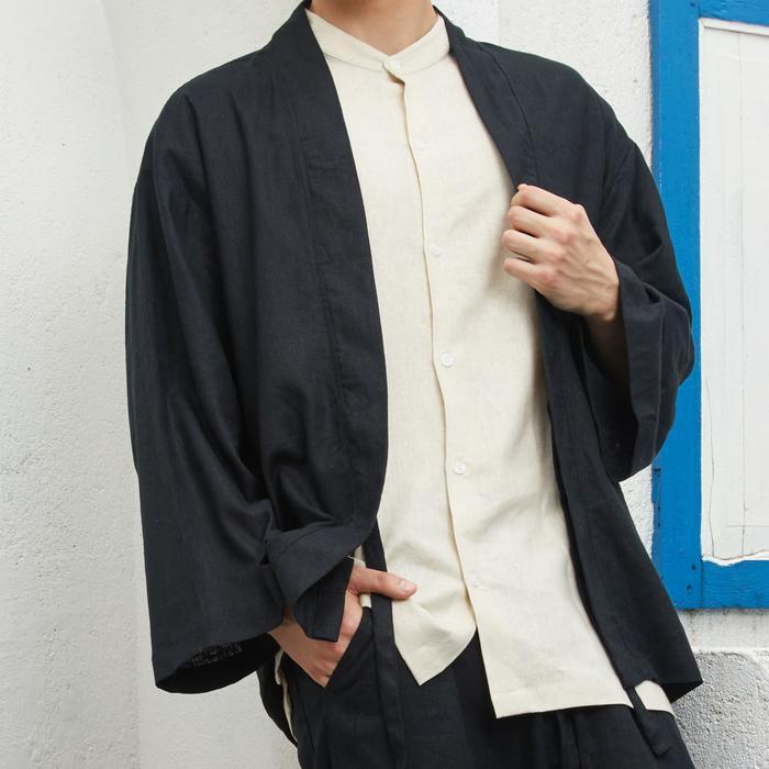 REMEDY Kimono Outer Linen Pria Lengan Panjang Casual Warna Hitam - Black Takumi Linen Outer - S