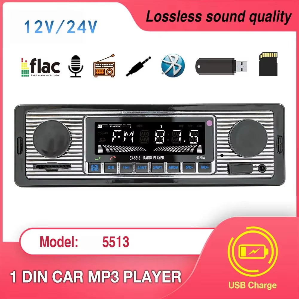 Bluetooth Car Radio Vintage Dual Knob MP3 Player FM Tuner Stereo USB AUX Classic Car Retro Audio