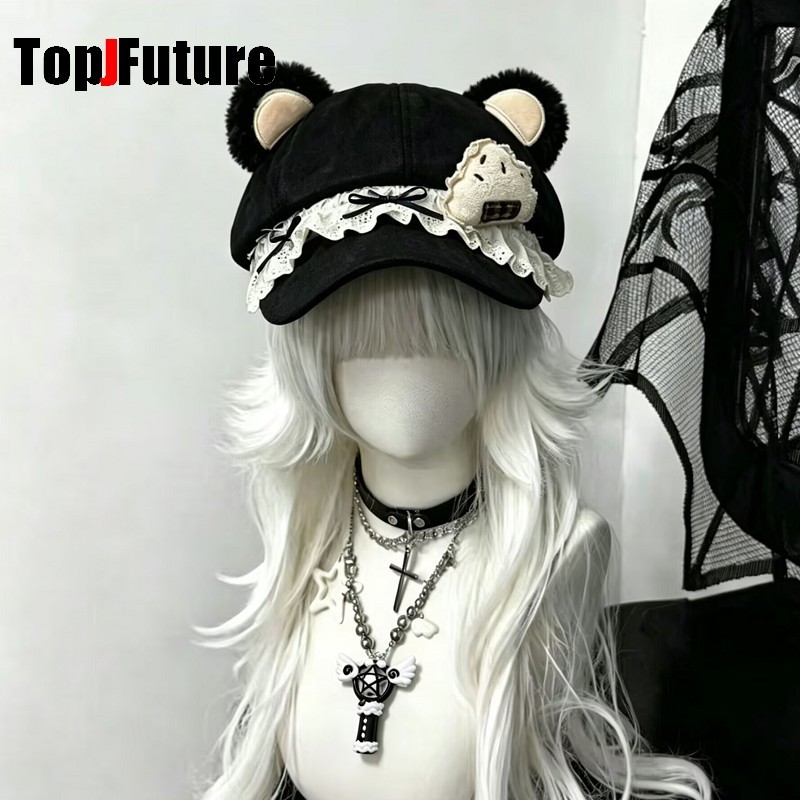 Japanese Subculture Y2K Yami Kawaii Girl Bear Ear Cap Mass-produced look Lace Face Slimming Baseball