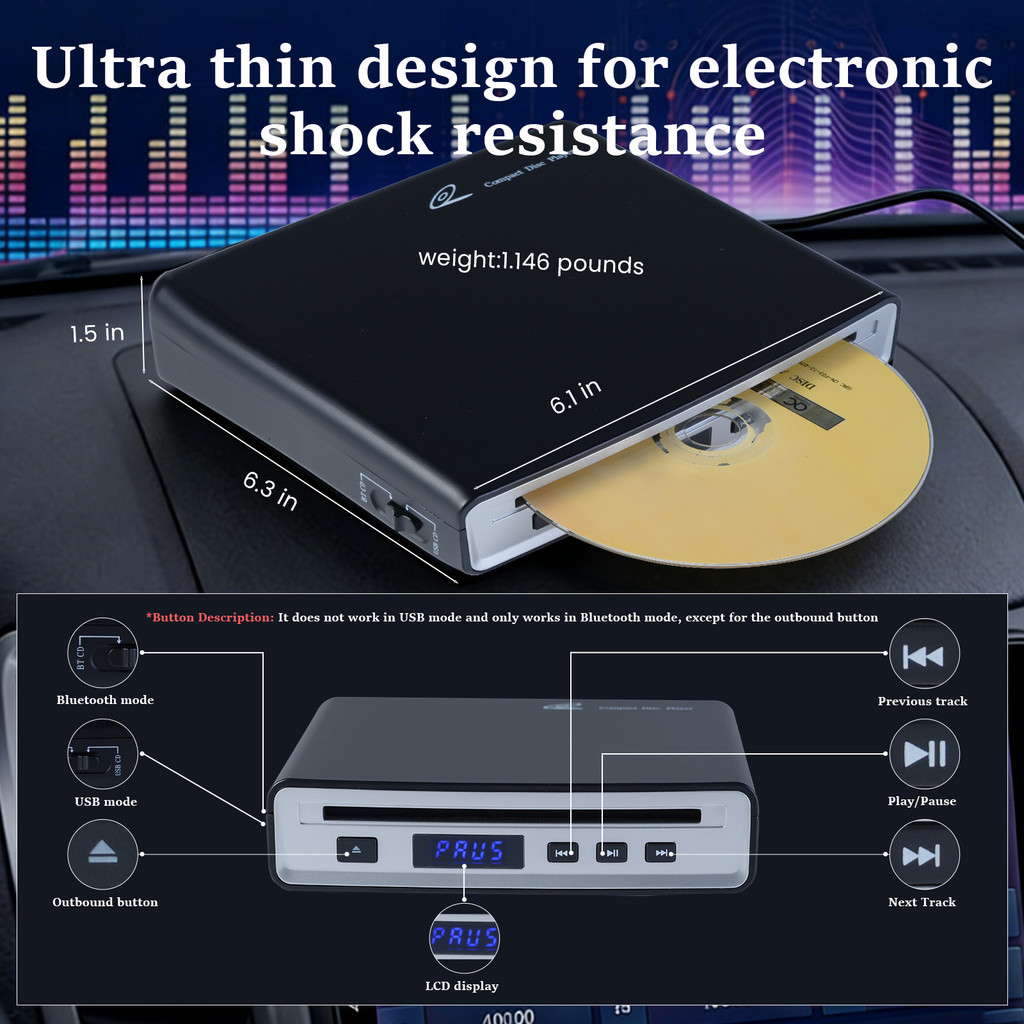 Car CD Player for Portable, External Car CD Player, Dual-Mode USB or Bluetooth CD Player with for