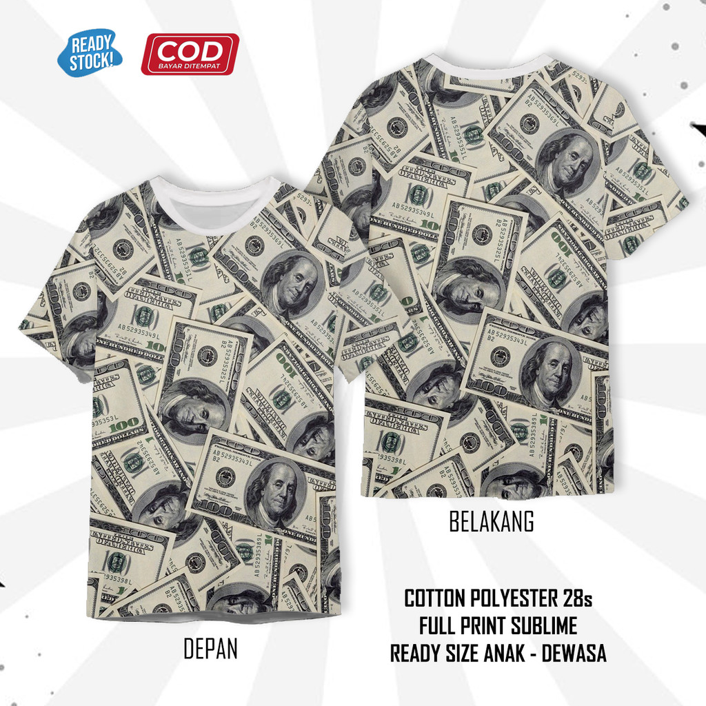 Kaos 3D Fullprint Panttern Uang Dollar Amerika USD Motif 2 Casual Printing Distro Unisex Anak Dewasa