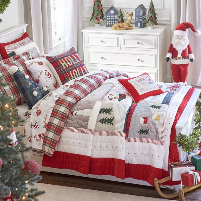 Santa Clause Pattern Cotton Patchwork Quilt, Xmas Decorative Quilting, Bed Cover for Bedroom, Festiv