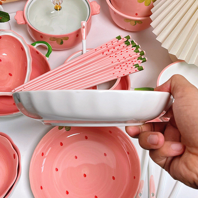 8inch Ceramic Strawberry Plate Fruit Pattern Dinner Plate with Strawberry Decal Fine Ceramic Tablewa