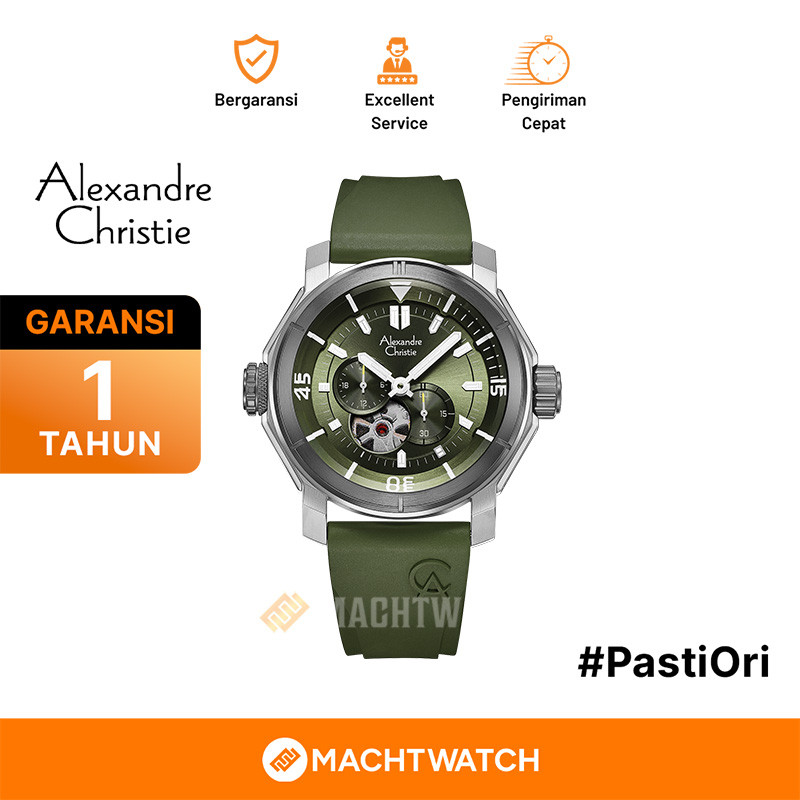 Jam Tangan Pria Alexandre Christie Chronograph AC 6565 MA RTEGN Men Open Heart Green Dial Green Rubb