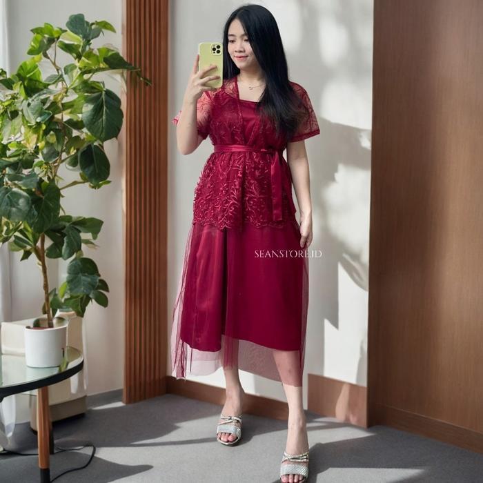 NEW GAUN PESTA MEWAH 2in1 GOOD QUALITY / Dress pesta Wanita Edisi Natal Gereja / One set Manis Tile