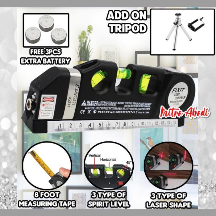 N3W Waterpass Laser Level Pro 3 dengan Alat Ukur 250 cm Multi-Purpose Tool