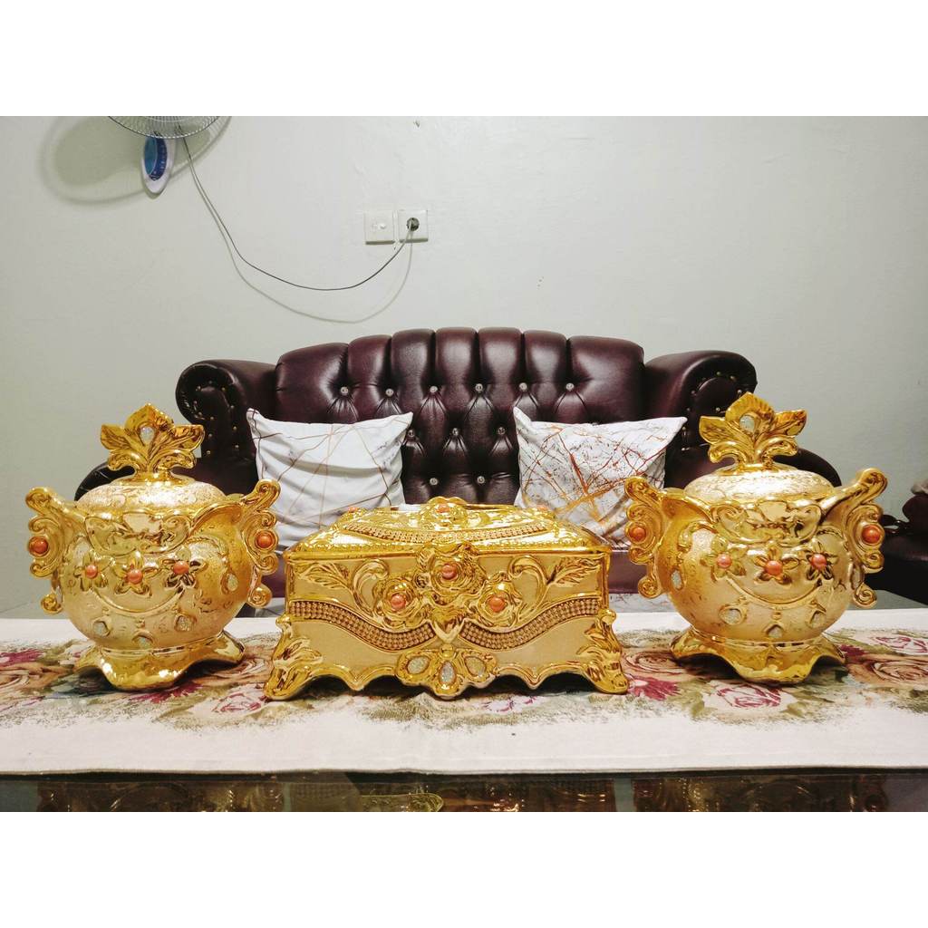 pajangan keramik toples tisu set gold / pajangan keramik terbaru / keramik hias meja / tempat tisu k