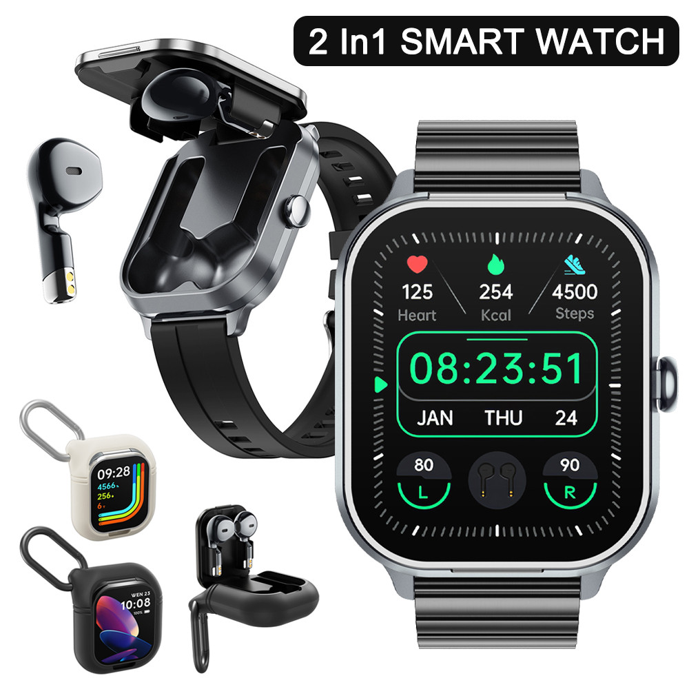 Headset Smart Watch TWS 2 in 1 Wireless Bluetooth Earphone Full-screen Touch Blood Pressure Heart Ra
