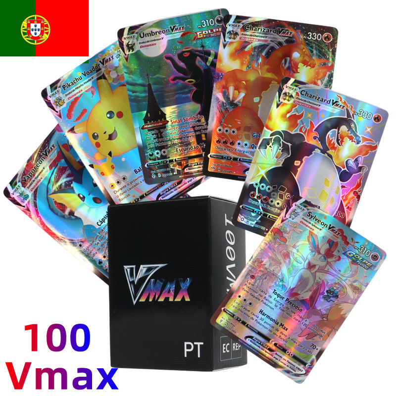 100Pcs Portuguese Pokemon Cards Holographic Vmax Letter with Rainbow Arceus Shiny Charizard trade