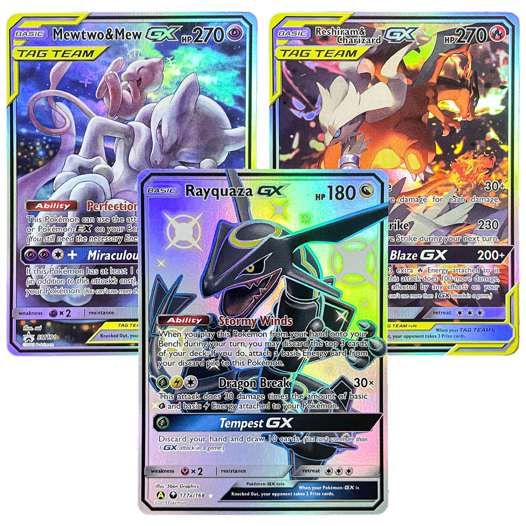 PTCG GX Full Art Rainbow Holo Cards Mewtwo & Mew Reshiram Charizard TAG TEAM Shiny Rayquaza Proxy