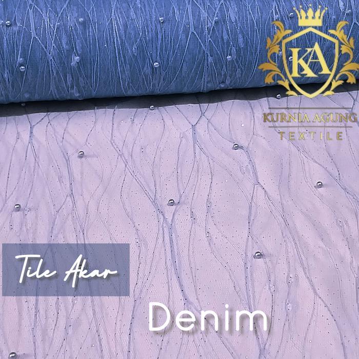 Kain Tile Akar Mutiara Glitter/Kain Brukat Tile Modern Warna Denim Biru Bahan Gamis, Dress, Kebaya