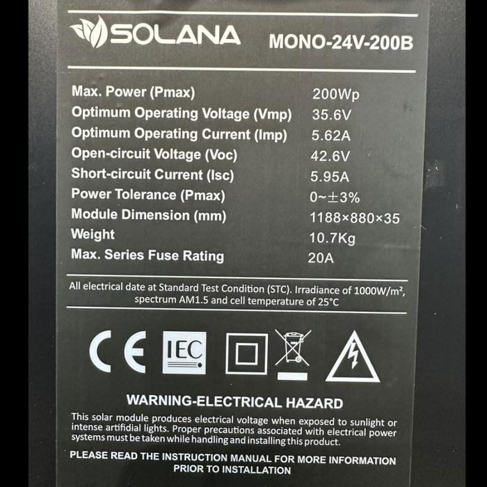 SOLANA SOLAR CELL/PANEL SURYA B MONOCRYSTALLINE 24V 200WP PANEL SURYA MONOTALIN 24V 200WP ORIGINAL
