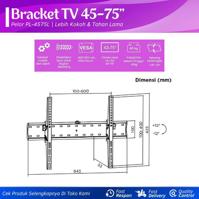Bracket Tv Led Lcd 45-75 Inch Gerak Naik Turun Inch Universal Breket Tv Dinding 45-75 Inch Briket Tv
