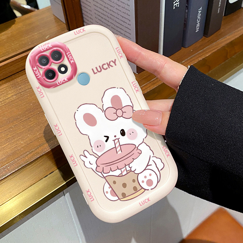 Casing Hp untuk OPPO A15 A15s A35 4G Case Motif Kelinci Minum Boba Kasing Bingkai Lensa Warna Kontra