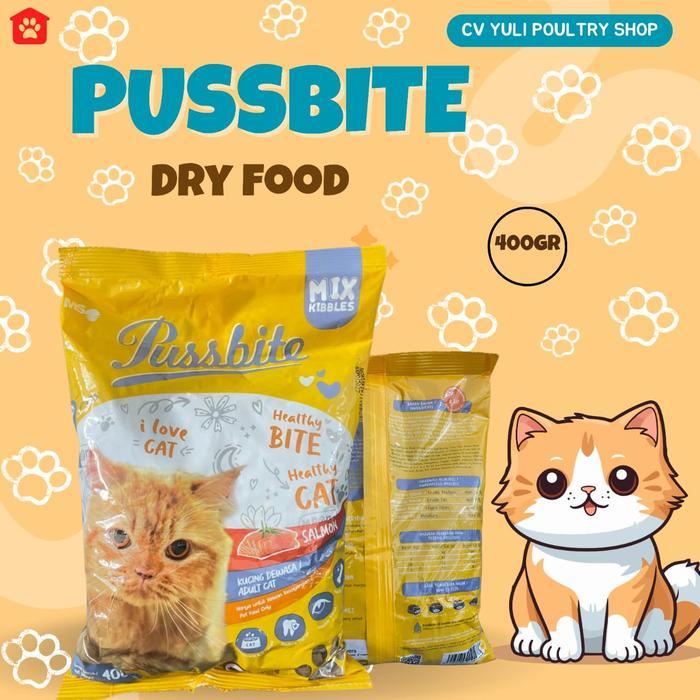 Pussbite Makanan Kering Rasa Salmon untuk Kucing Dewasa 400GR Mix Kibbles Sehat Berkualiti dari CV