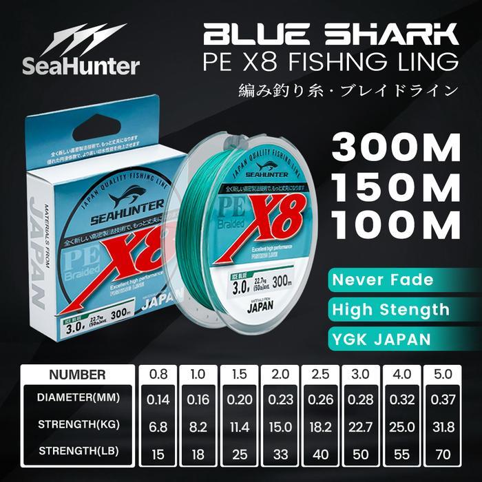 Daiwa - 100M/150M/300M Pe X8 Senar Pancing, Blue Shark Senar Pancing, Tahan Aus Senar Pe X8 Hijau